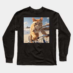 Ginger Cat Riding A Bicycle Along The Beach Long Sleeve T-Shirt